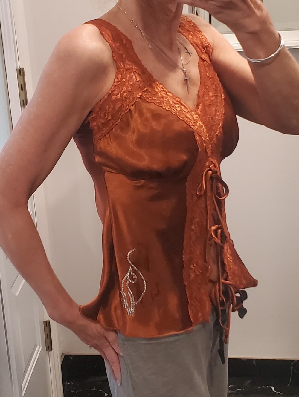 90's Vintage Baby Phat Rust Satin Lace-Trim Babydoll Tank Top Cami